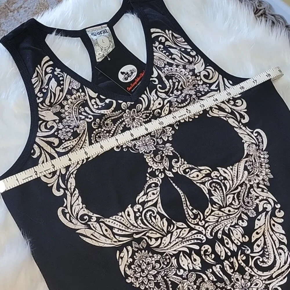 VOCAL Black Ivory Rhinestone Paisley Floral Skull‎ Graphic Biker Punk Tank Top L - Picture 7 of 8